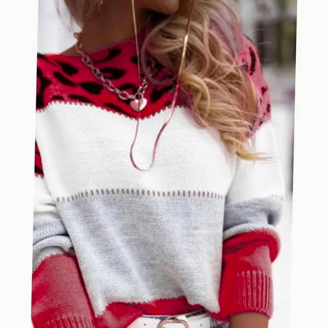 Women's Cashmere Turtleneck Color Block Leopard Print Knit Sweater - Red