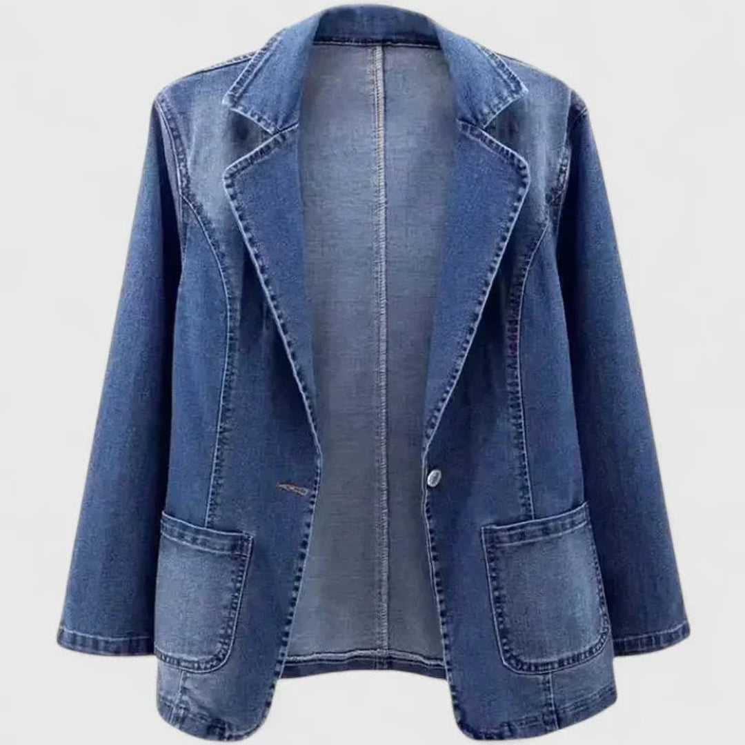 Women's Casual Denim Blazer Jacket Single-Button Open Front - Denim Blue