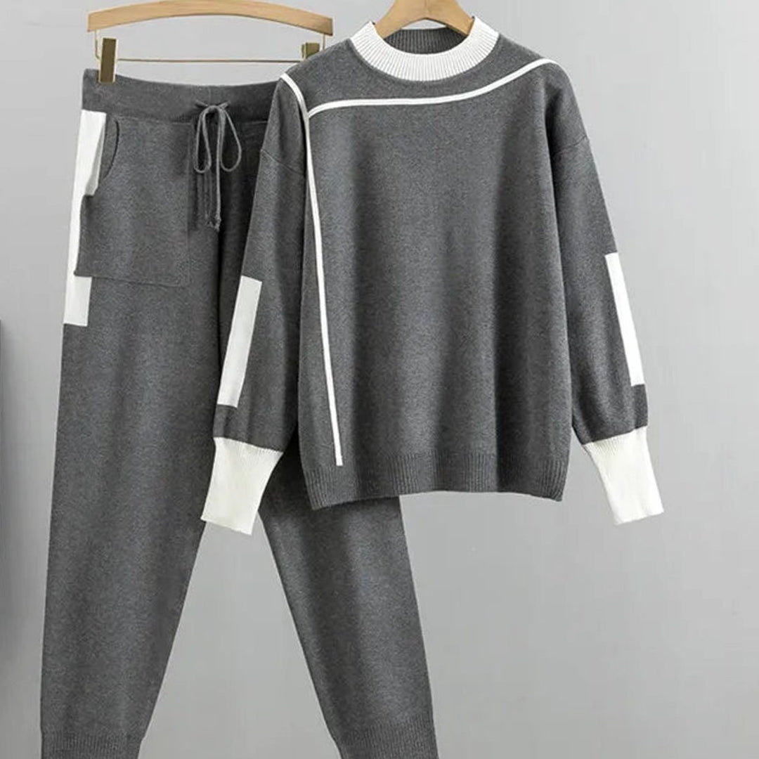 Women's Casual Knit Two-Piece Sweater Pants Set Drawstring Jogger - Gray