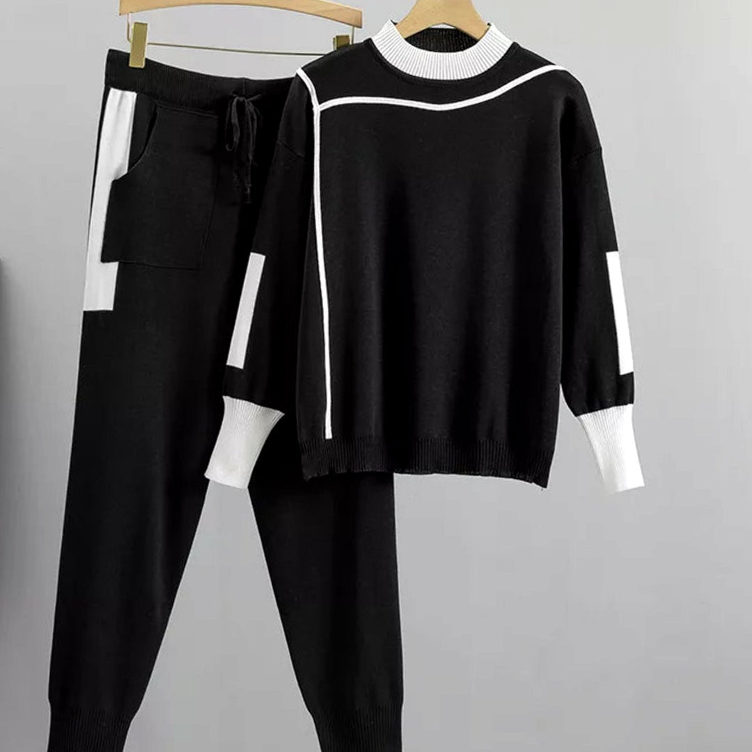 Women's Casual Knit Two-Piece Sweater Pants Set Drawstring Jogger - Black