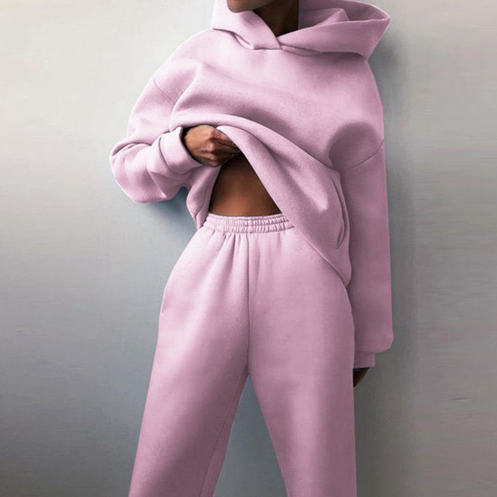 Women's Casual Loose-Fit Hoodie Jogger Two-Piece Set - Pink