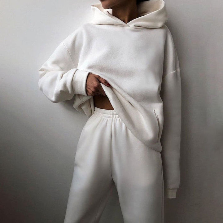 Women's Casual Loose-Fit Hoodie Jogger Two-Piece Set - White