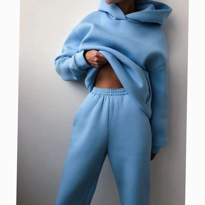 Women's Casual Loose-Fit Hoodie Jogger Two-Piece Set - Blue