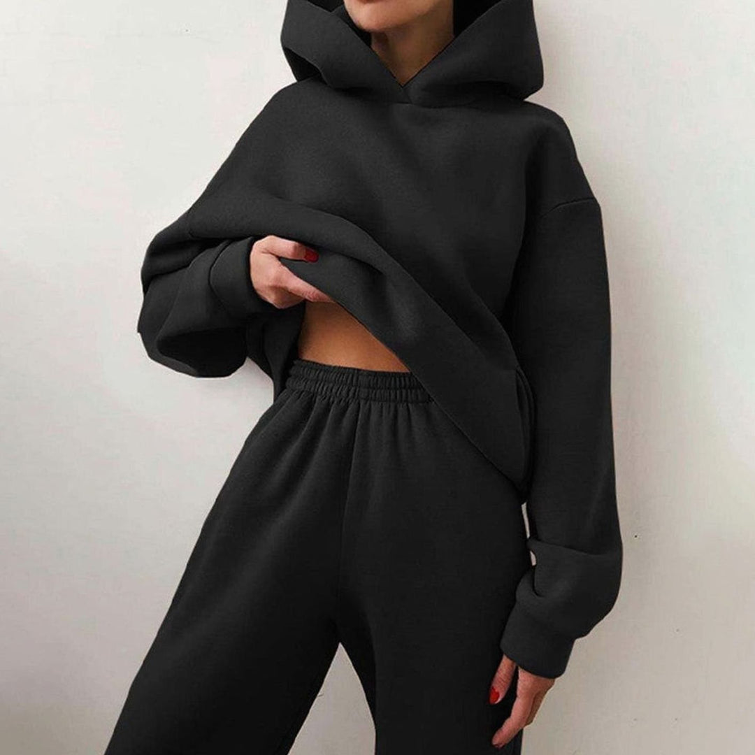 Women's Casual Loose-Fit Hoodie Jogger Two-Piece Set - Black