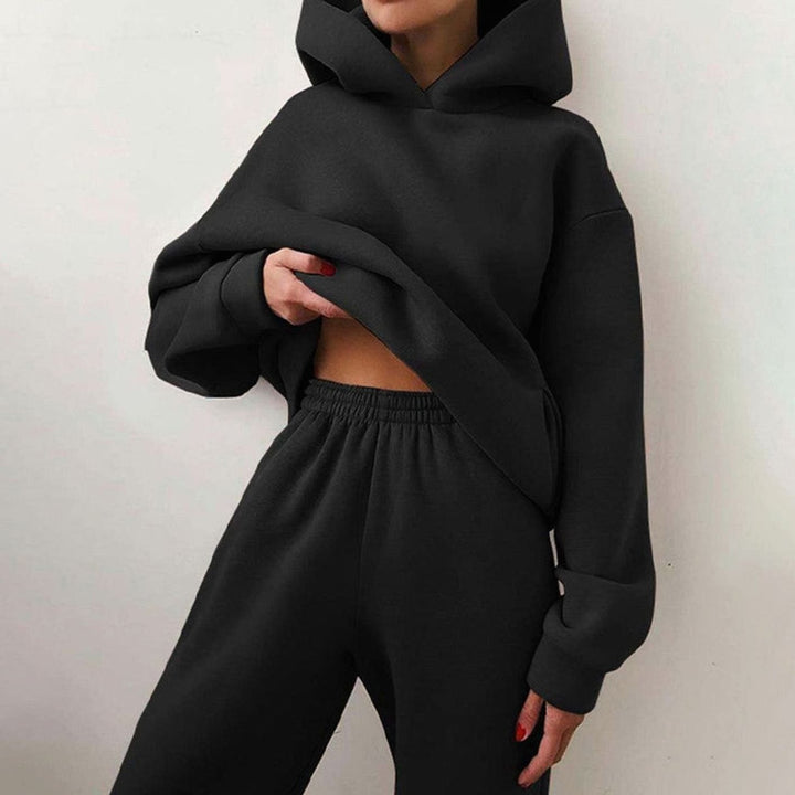 Women's Casual Loose-Fit Hoodie Jogger Two-Piece Set - Black