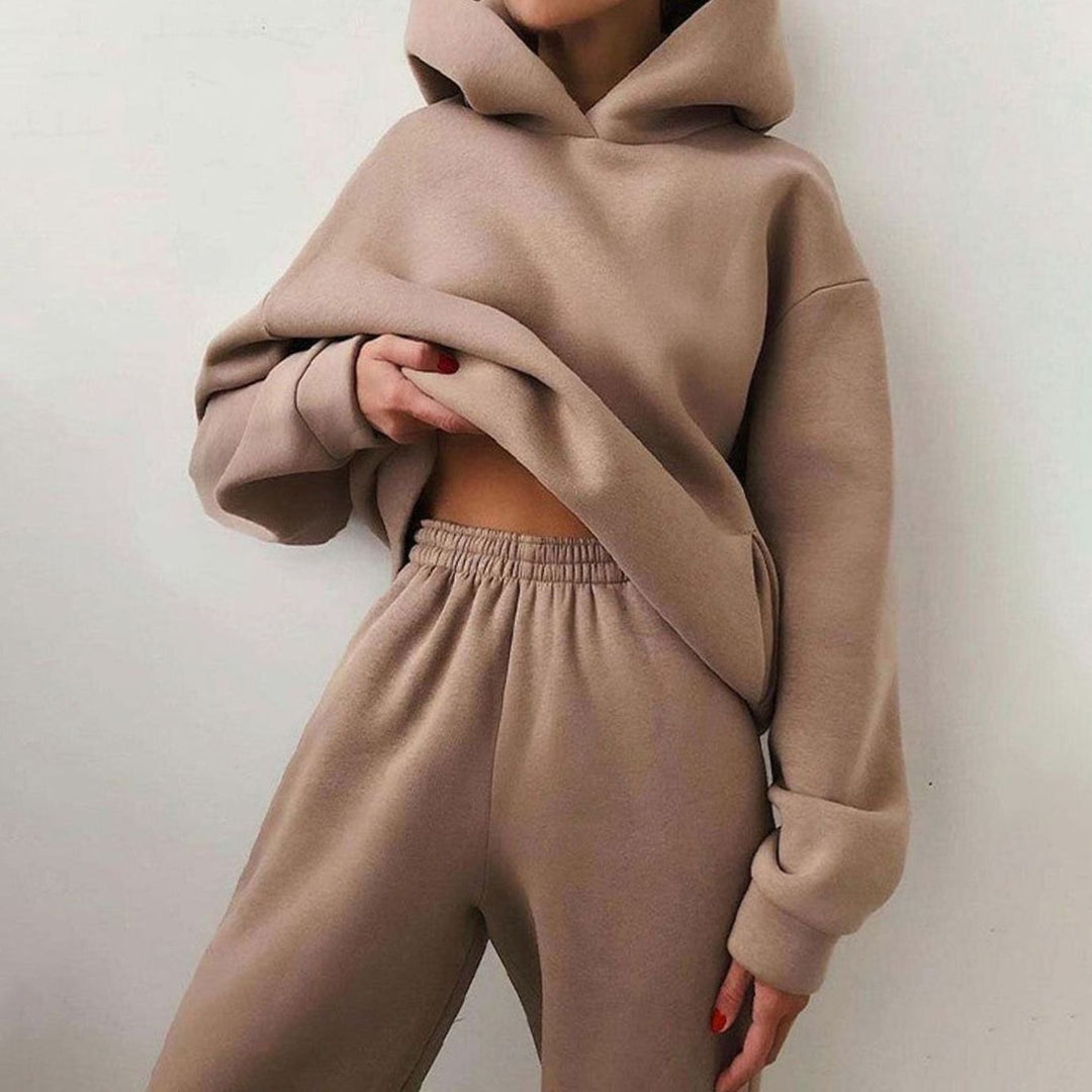 Women's Casual Loose-Fit Hoodie Jogger Two-Piece Set - Khaki
