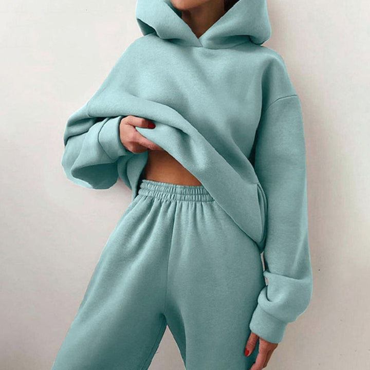 Women's Casual Loose-Fit Hoodie Jogger Two-Piece Set - Mint Blue
