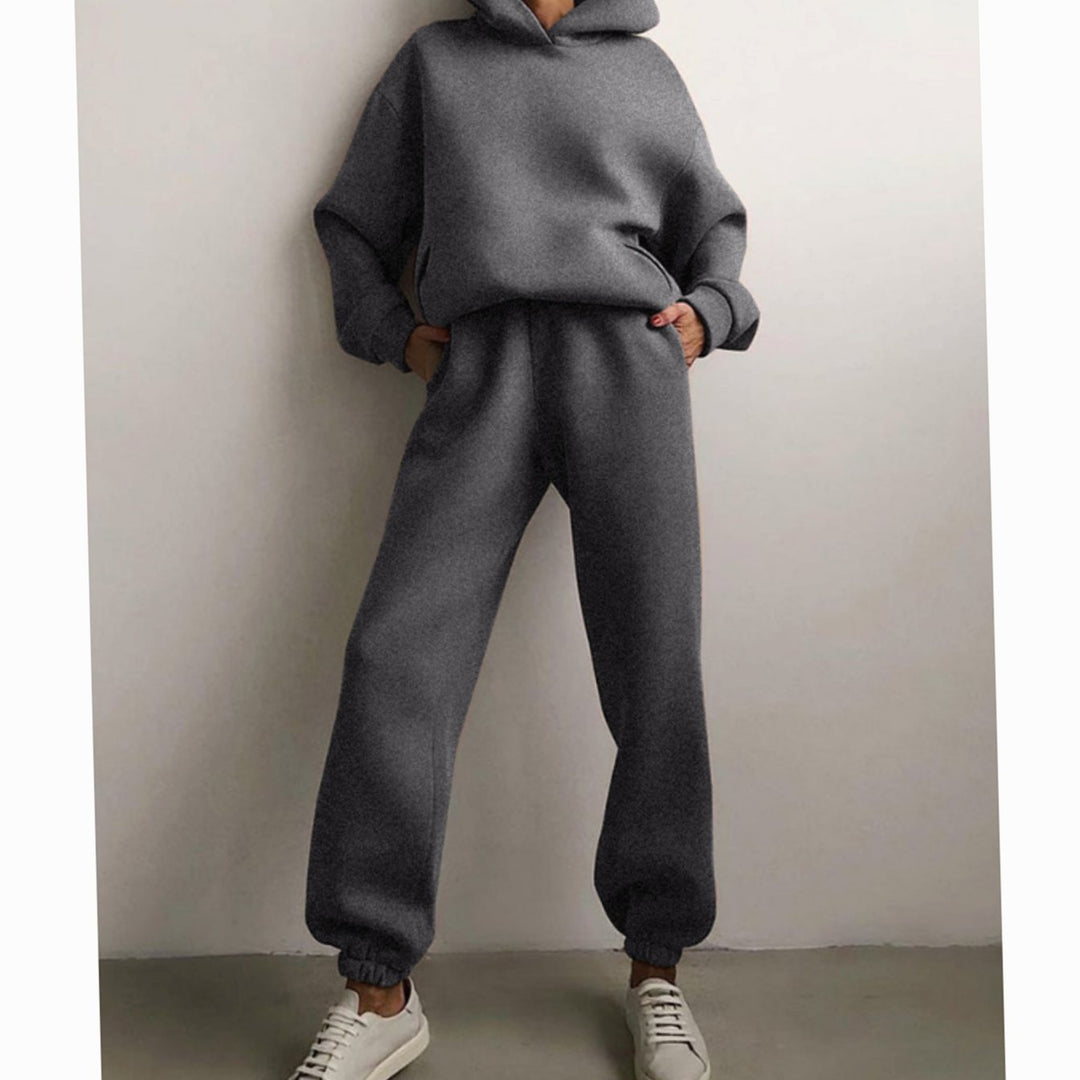 Women's Casual Loose-Fit Hoodie Jogger Two-Piece Set - Dark Grey