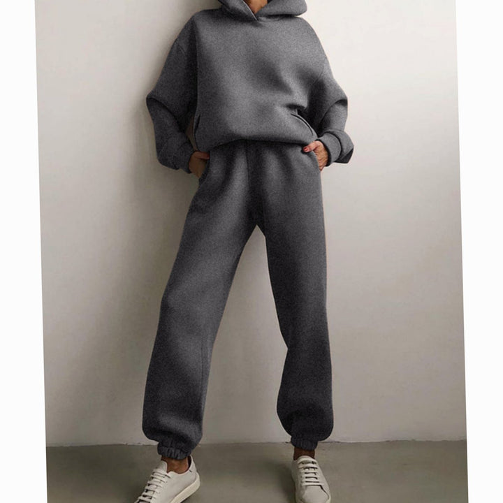 Women's Casual Loose-Fit Hoodie Jogger Two-Piece Set - Dark Grey