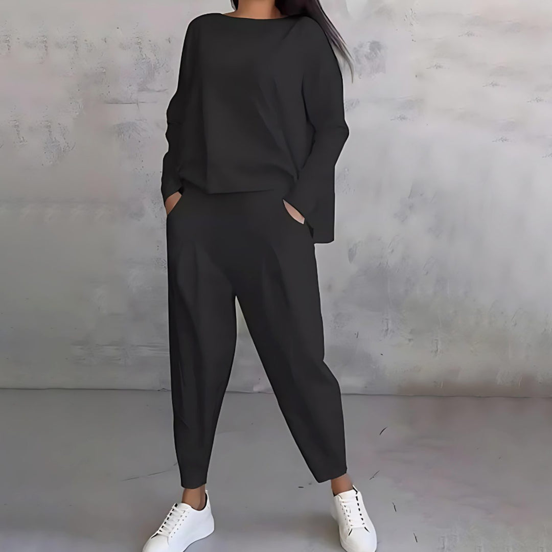 Women's Casual Loose-Fit Top Tapered Pants Two-Piece Set - Black