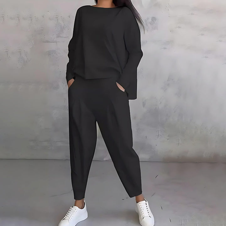 Women's Casual Loose-Fit Top Tapered Pants Two-Piece Set - Black