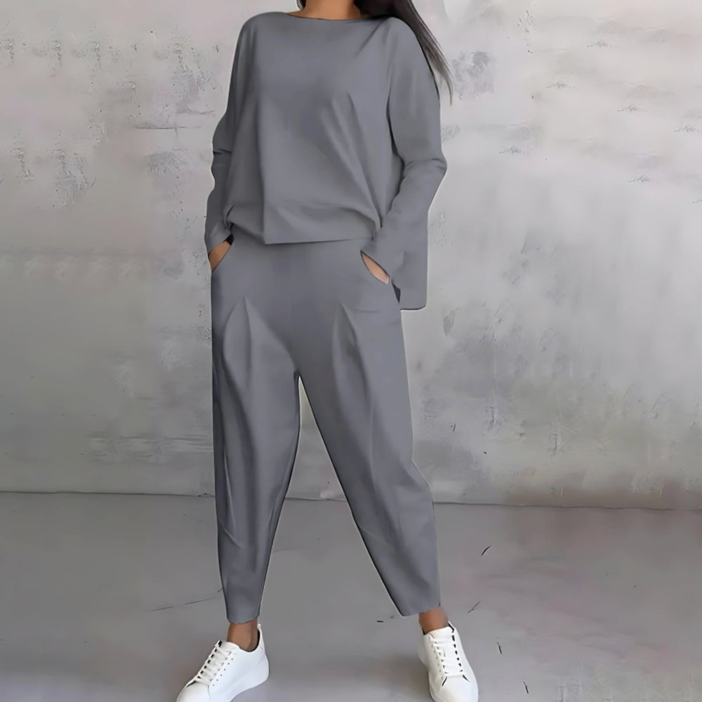 Women's Casual Loose-Fit Top Tapered Pants Two-Piece Set - Gray