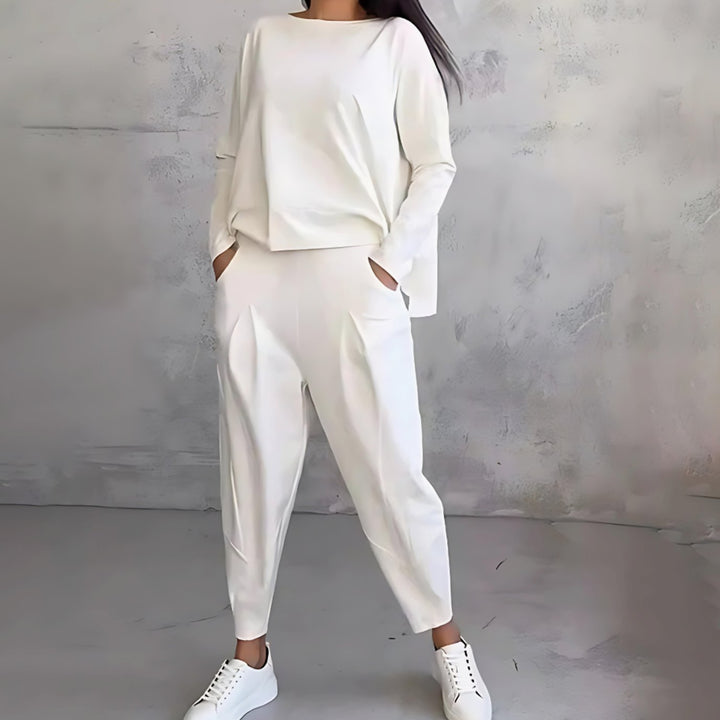 Women's Casual Loose-Fit Top Tapered Pants Two-Piece Set - White