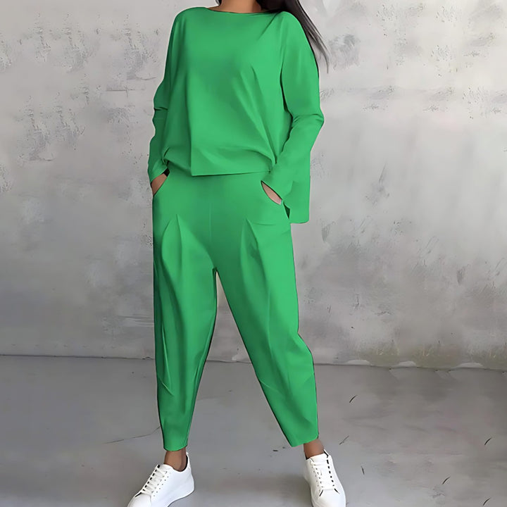 Women's Casual Loose-Fit Top Tapered Pants Two-Piece Set - Green
