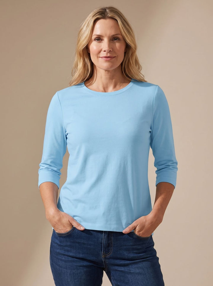 Women's Casual Solid Crew Neck 3/4 Sleeve Relaxed Top - Light Blue