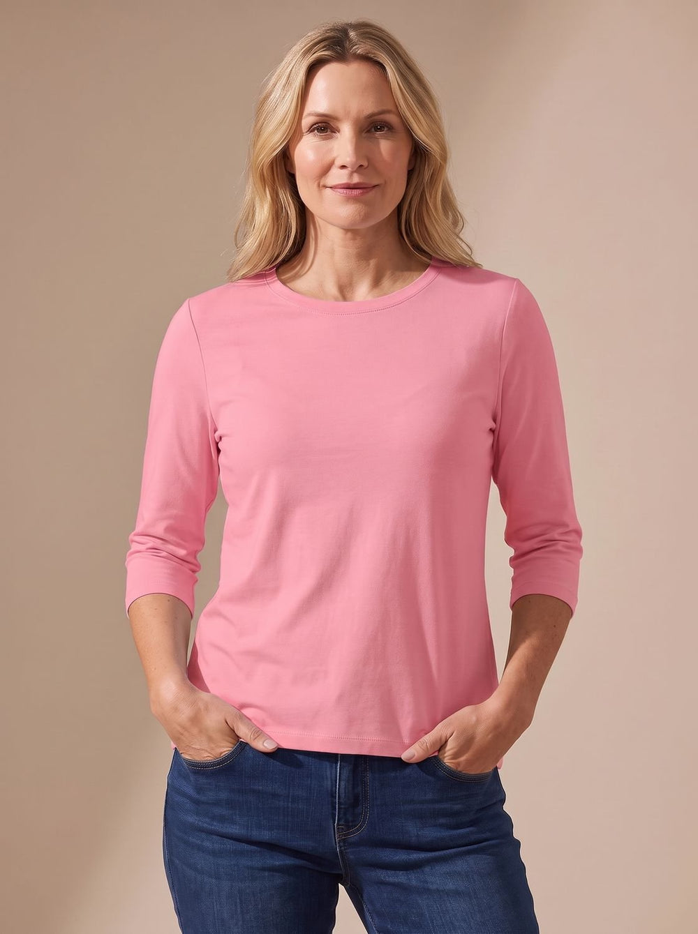 Women's Casual Solid Crew Neck 3/4 Sleeve Relaxed Top - Pink
