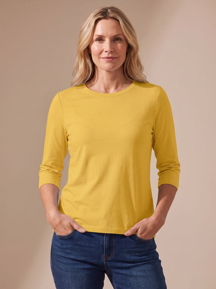Women's Casual Solid Crew Neck 3/4 Sleeve Relaxed Top - Yellow