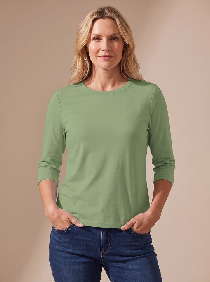 Women's Casual Solid Crew Neck 3/4 Sleeve Relaxed Top - Green