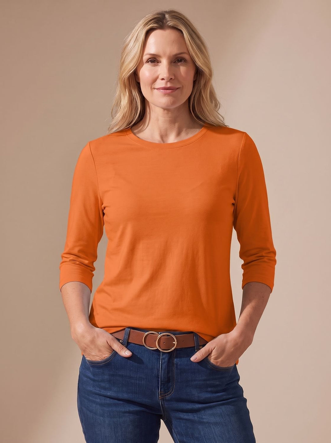 Women's Casual Solid Crew Neck 3/4 Sleeve Relaxed Top - Orange