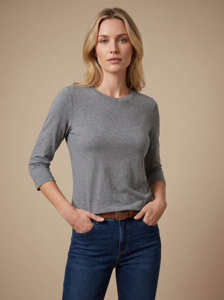 Women's Casual Solid Crew Neck 3/4 Sleeve Relaxed Top - Gray