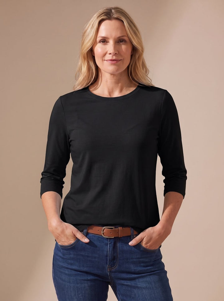 Women's Casual Solid Crew Neck 3/4 Sleeve Relaxed Top - Black