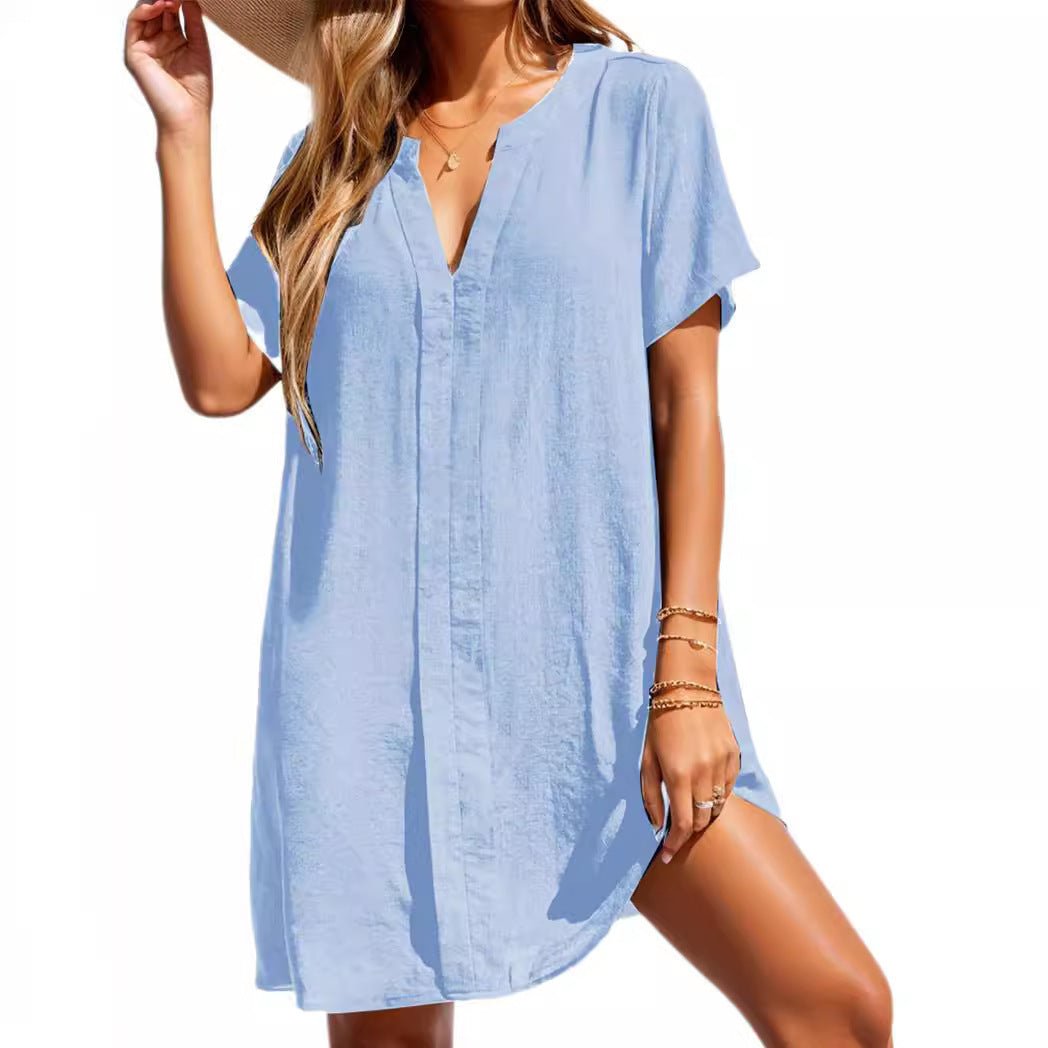 Women's Casual V-Neck Short Sleeve Tunic Shift Dress