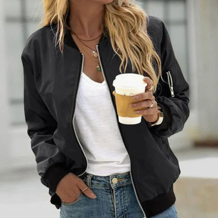 Women's Casual Zip-Up Bomber Jacket Ribbed-Cuff Lightweight - Black