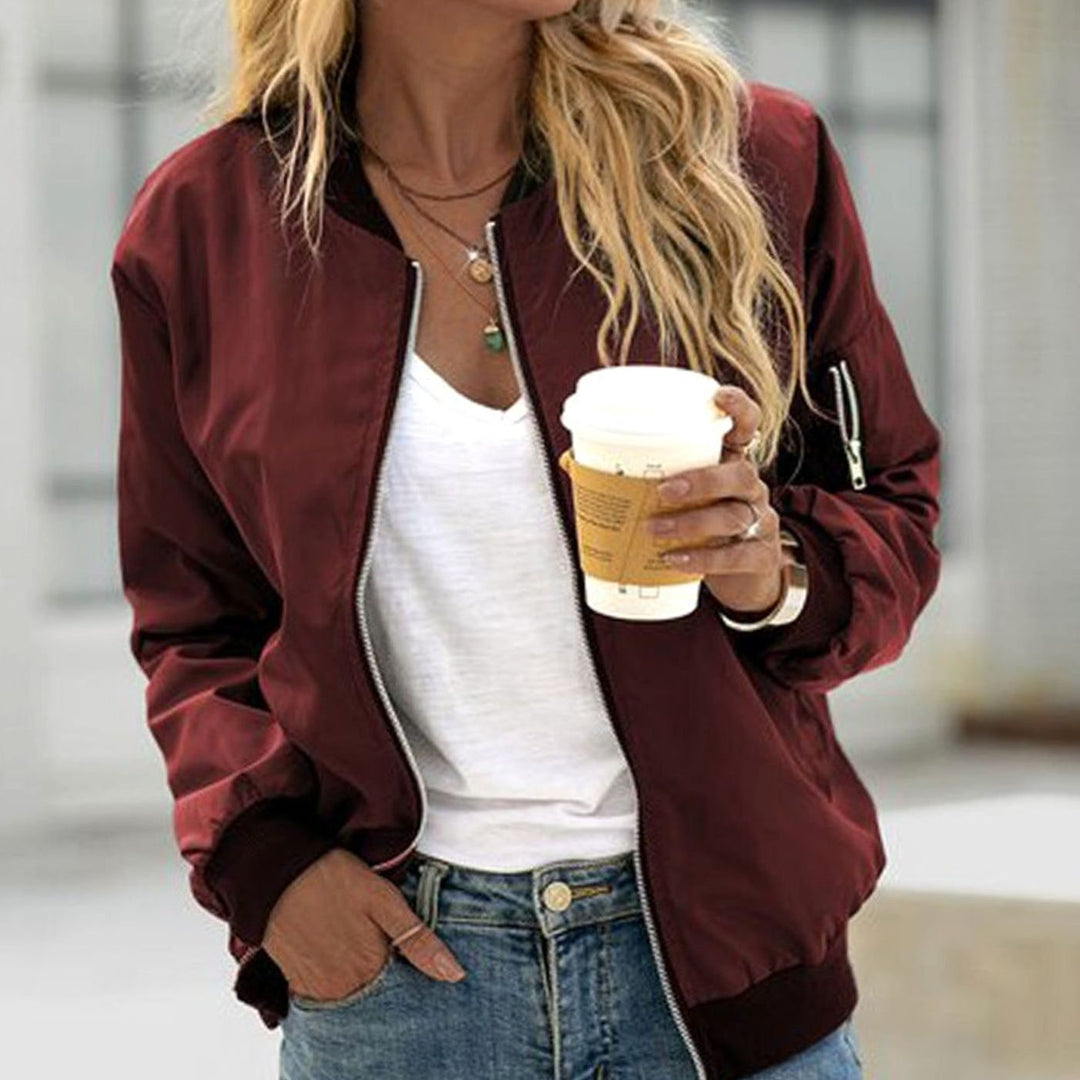 Women's Casual Zip-Up Bomber Jacket Ribbed-Cuff Lightweight - Burgundy