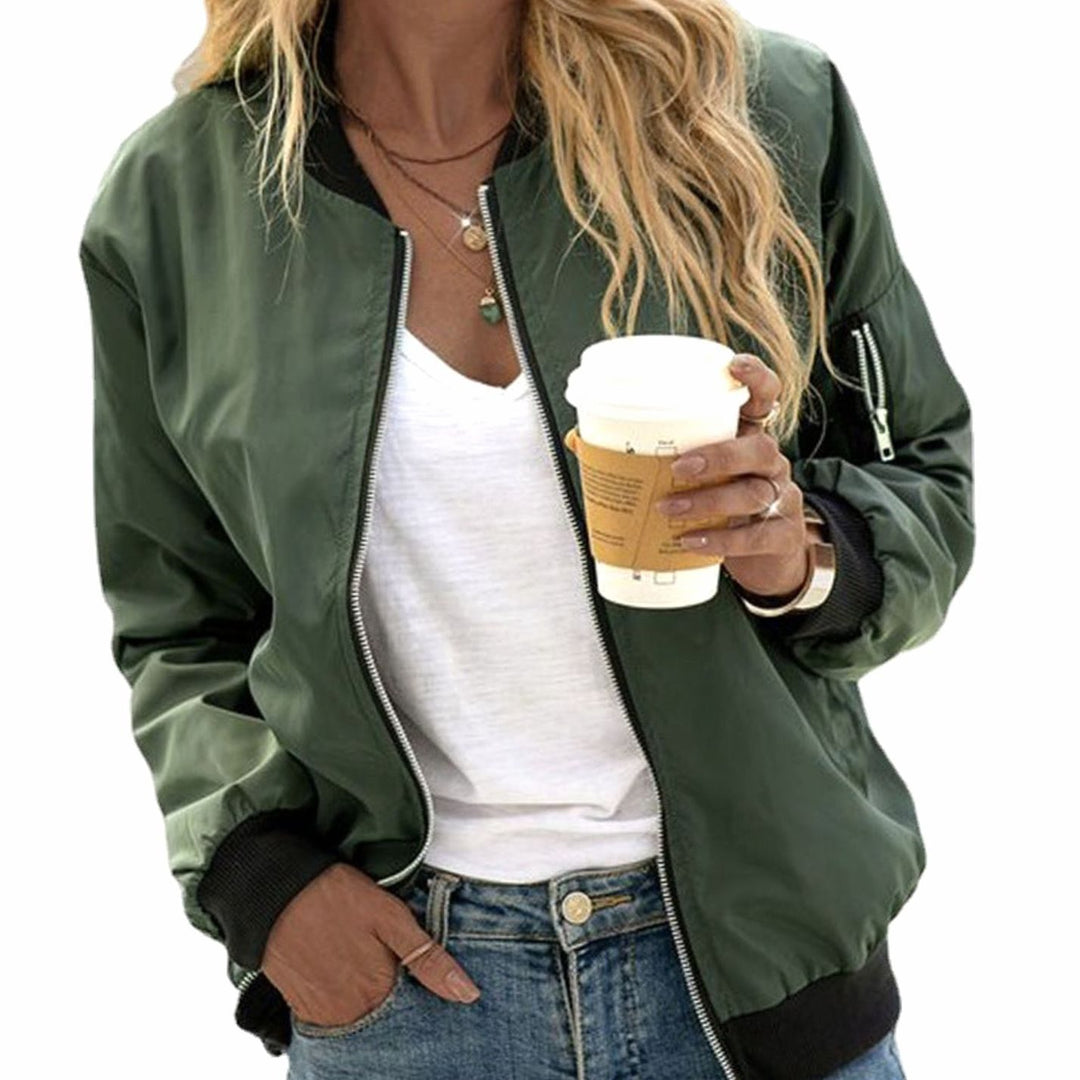 Women's Casual Zip-Up Bomber Jacket Ribbed-Cuff Lightweight - Army Green