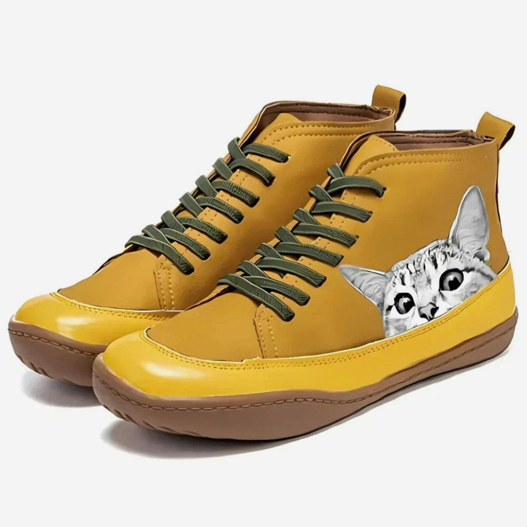 Women's Cat-Print Lace-Up Leather Ankle Boots - Yellow