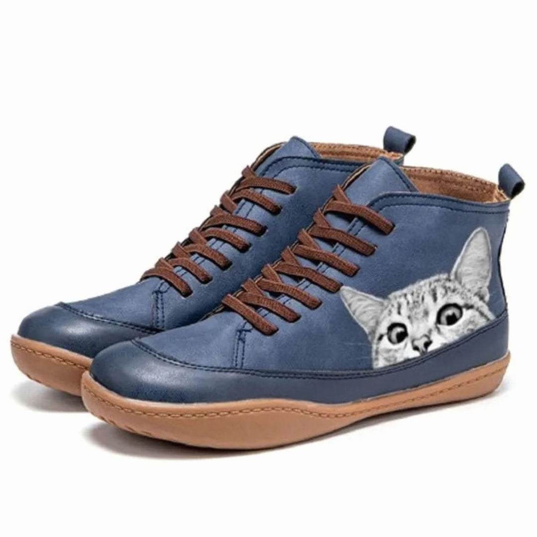 Women's Cat-Print Lace-Up Leather Ankle Boots - Blue