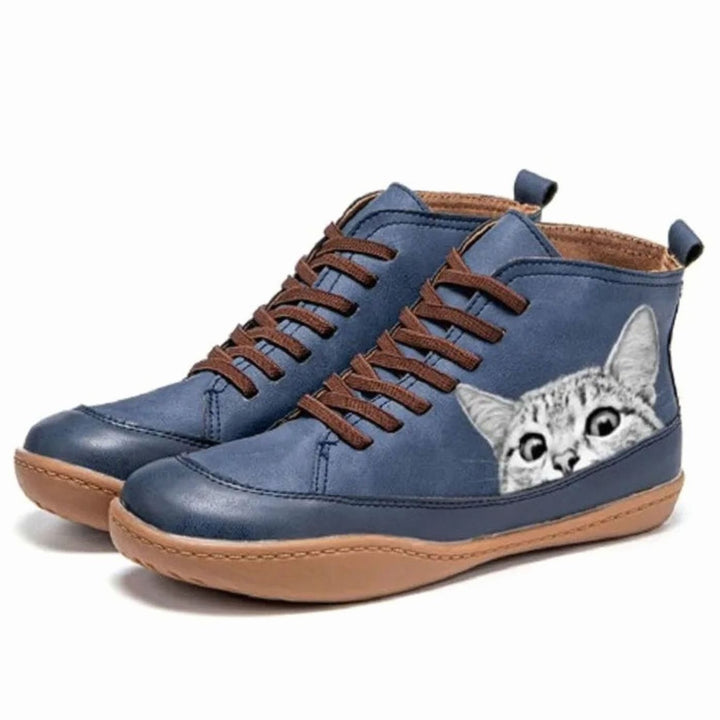 Women's Cat-Print Lace-Up Leather Ankle Boots - Blue