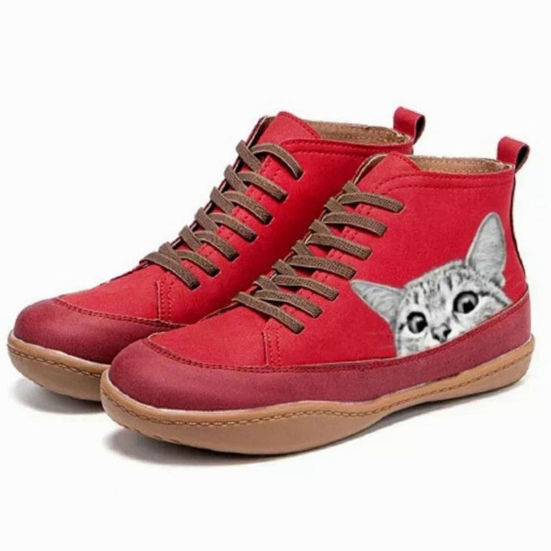 Women's Cat-Print Lace-Up Leather Ankle Boots - Red