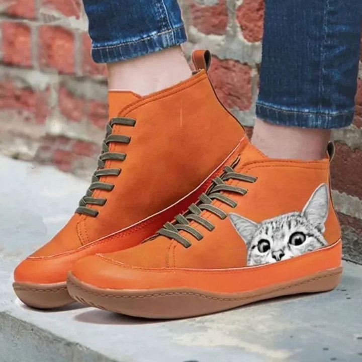 Women's Cat-Print Lace-Up Leather Ankle Boots