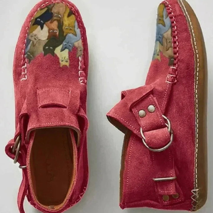 Women's Cat Print Suede Buckle Slip-On Shoes - Red