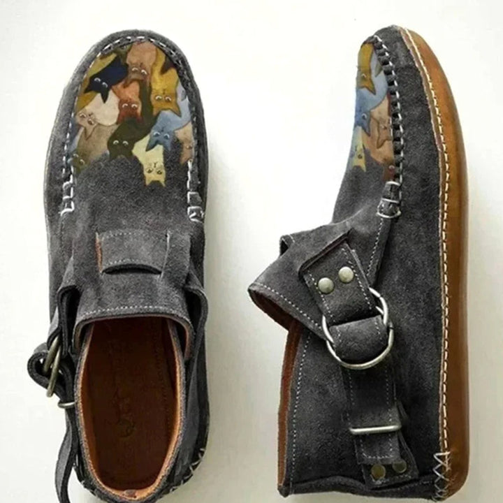 Women's Cat Print Suede Buckle Slip-On Shoes - Gray