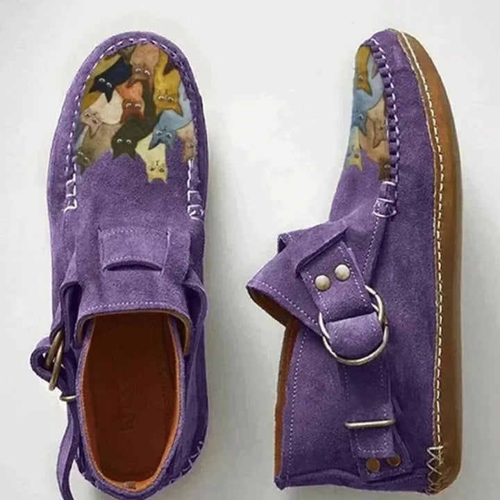 Women's Cat Print Suede Buckle Slip-On Shoes - Purple