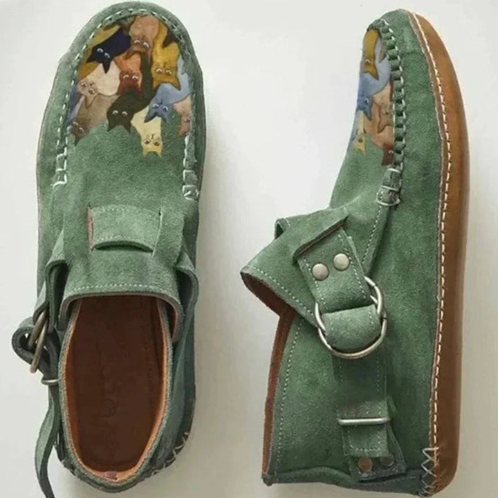 Women's Cat Print Suede Buckle Slip-On Shoes - Green