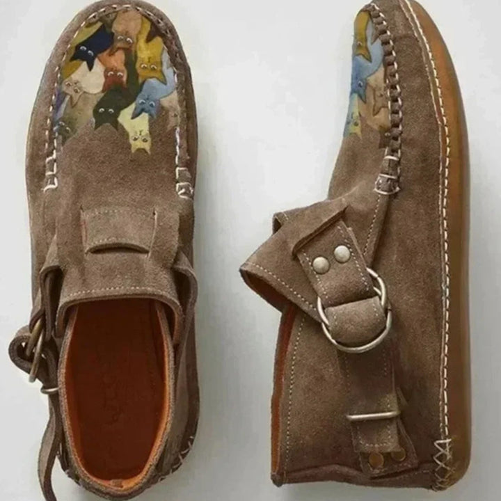 Women's Cat Print Suede Buckle Slip-On Shoes - Khaki