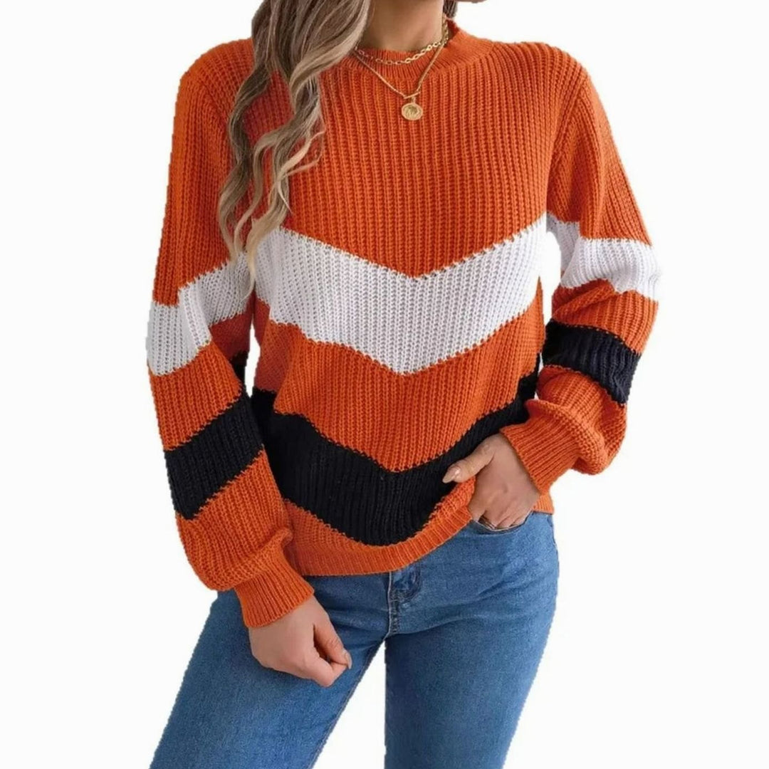 Women's Chevron Color Block Crewneck Knit Sweater