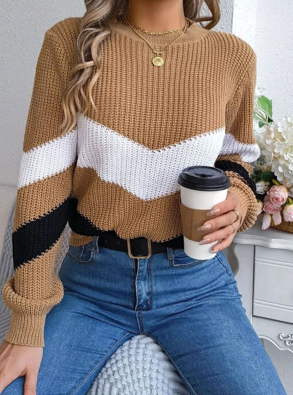 Women's Chevron Color Block Crewneck Knit Sweater - Khaki