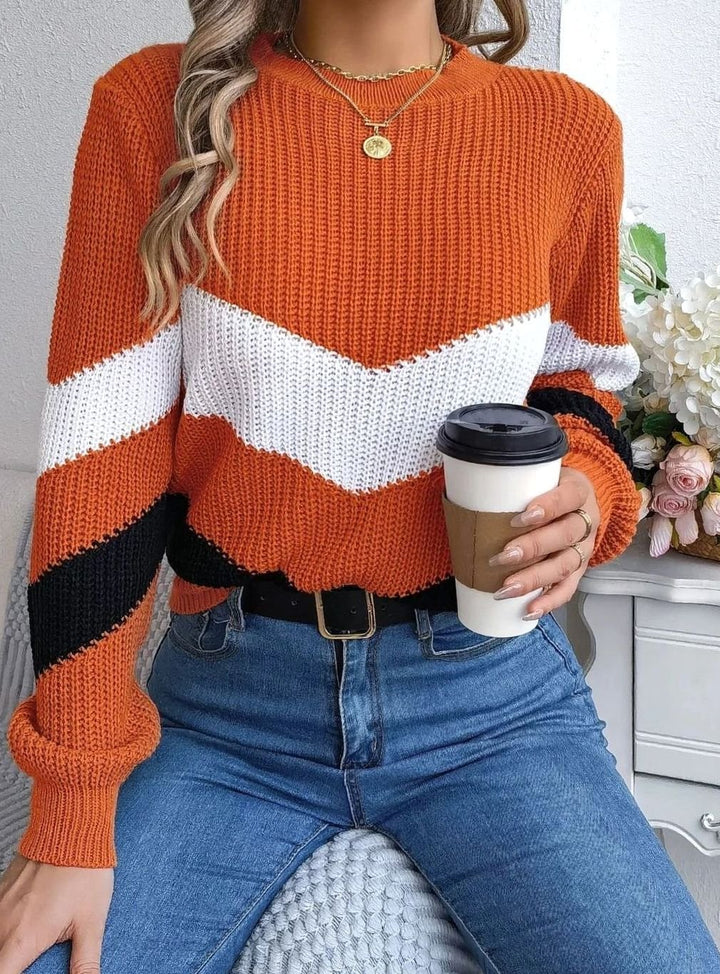 Women's Chevron Color Block Crewneck Knit Sweater - Orange