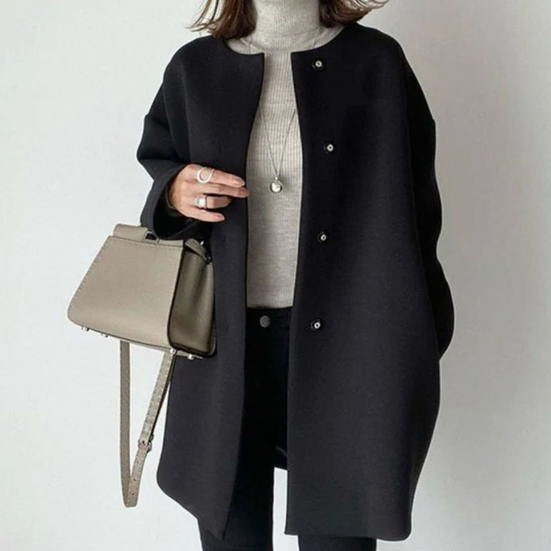 Women's Chic Winter Coat Collarless Snap-Button Longline Jacket - Black