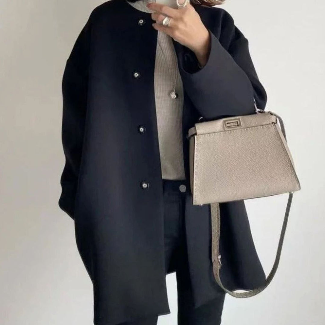 Women's Chic Winter Coat Collarless Snap-Button Longline Jacket