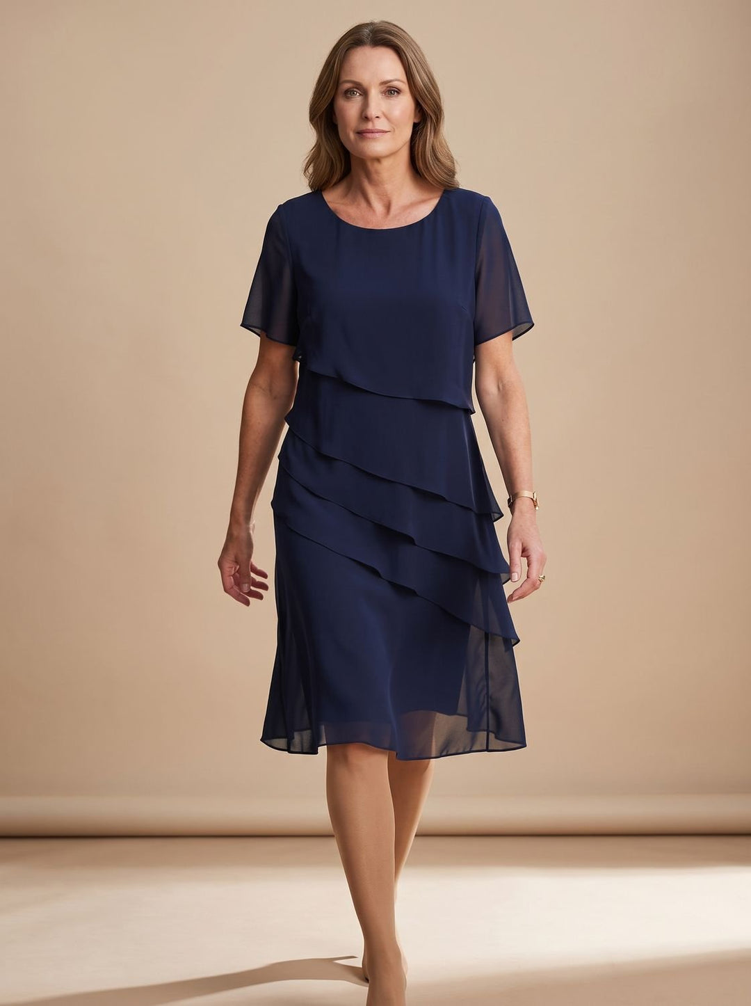 Women's Chiffon Tiered Ruffle Round-Neck Midi Dress - Navy Blue
