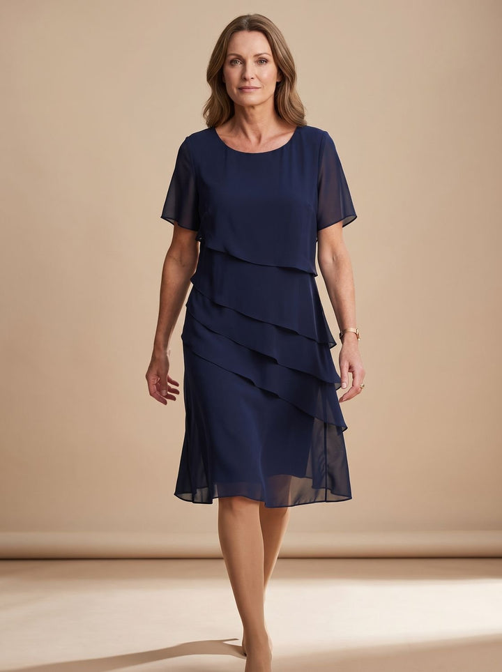 Women's Chiffon Tiered Ruffle Round-Neck Midi Dress - Navy Blue