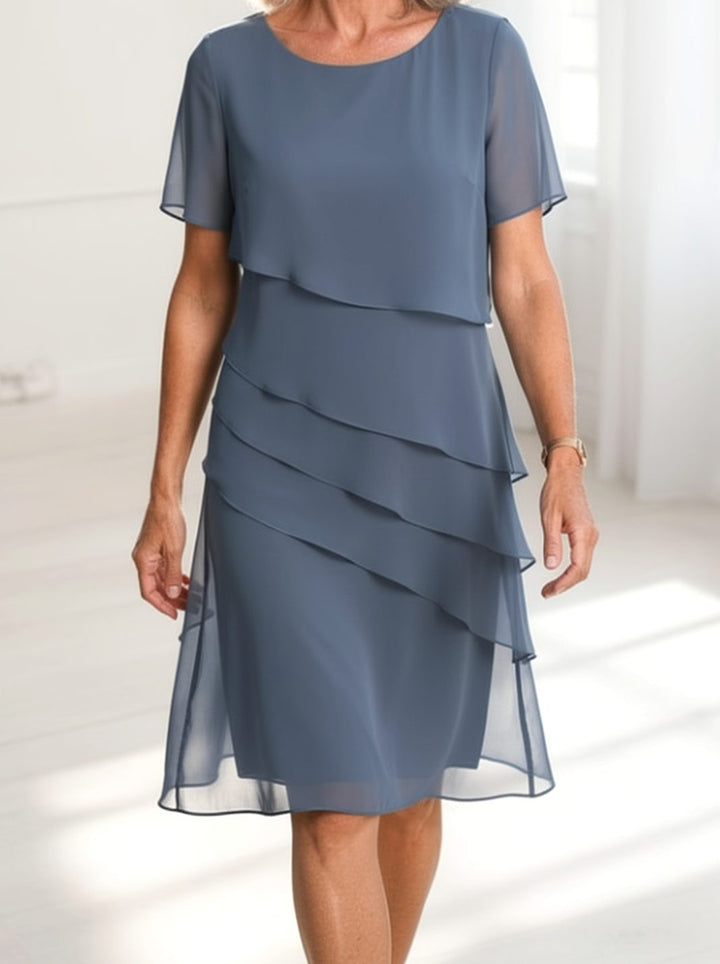 Women's Chiffon Tiered Ruffle Round-Neck Midi Dress - Blue