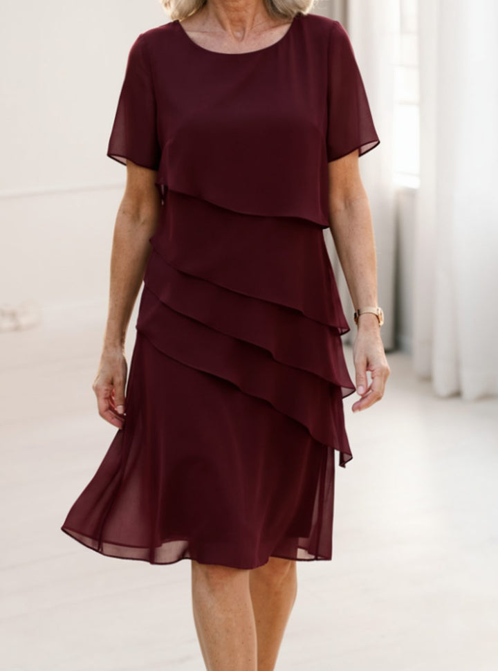 Women's Chiffon Tiered Ruffle Round-Neck Midi Dress - Red