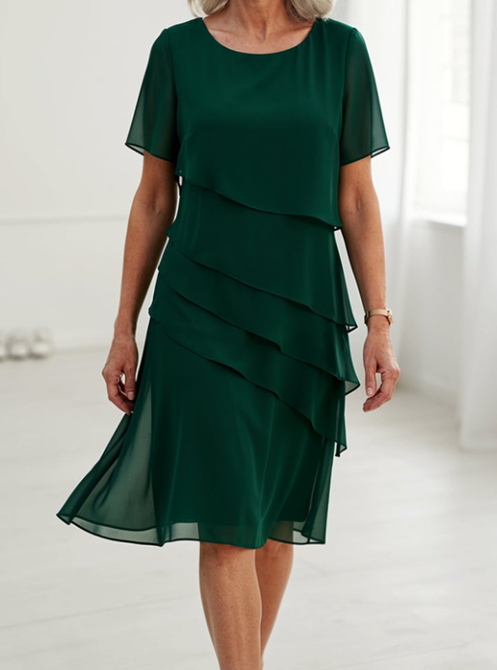 Women's Chiffon Tiered Ruffle Round-Neck Midi Dress - Green