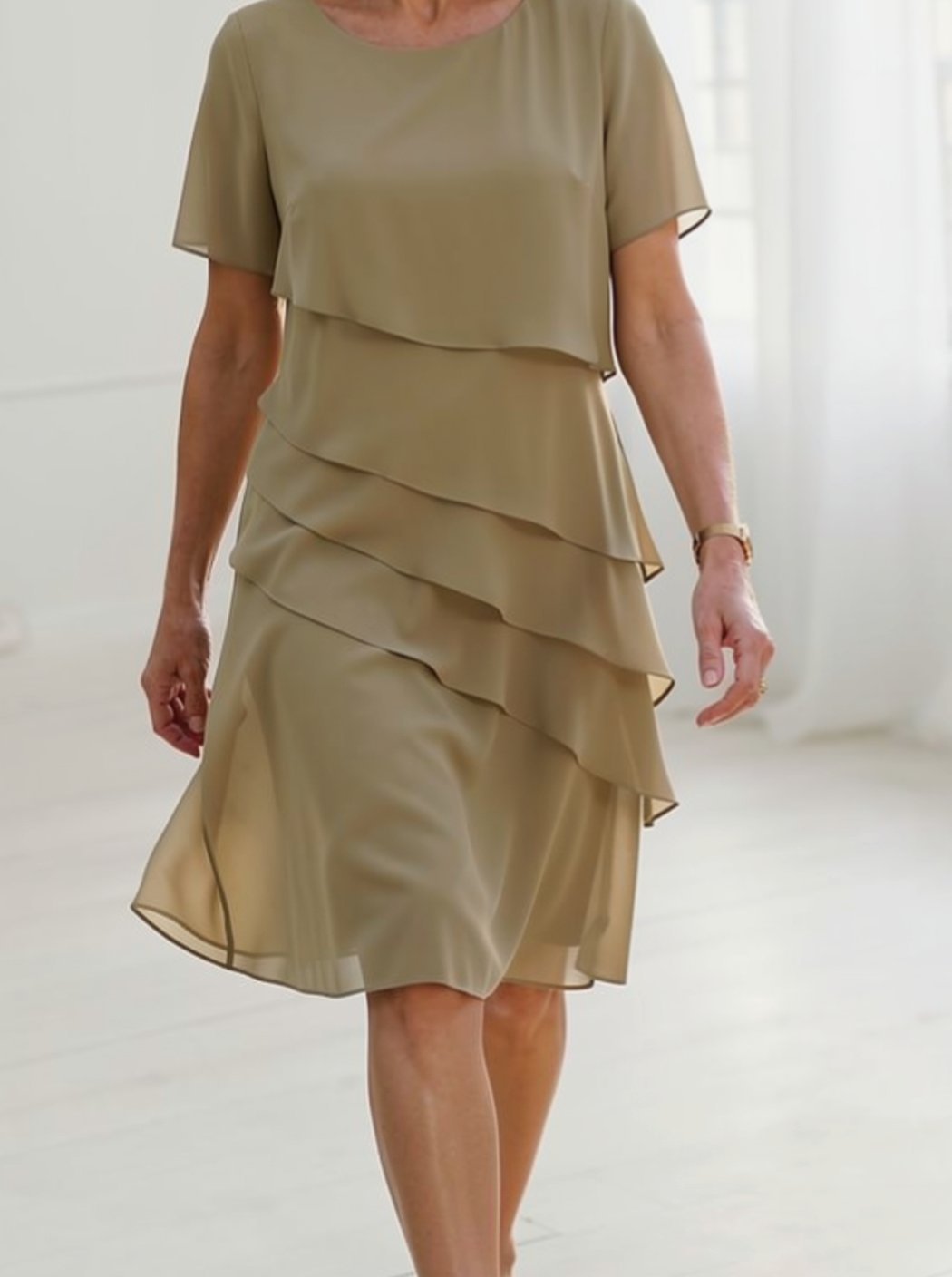Women's Chiffon Tiered Ruffle Round-Neck Midi Dress - Khaki